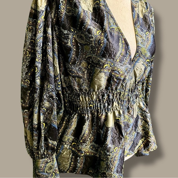 Ganni ‘Crinkled Satin V-Neck Top’ in Olive Green Paisley EU Size 36 = Size Small - Picture 16 of 16